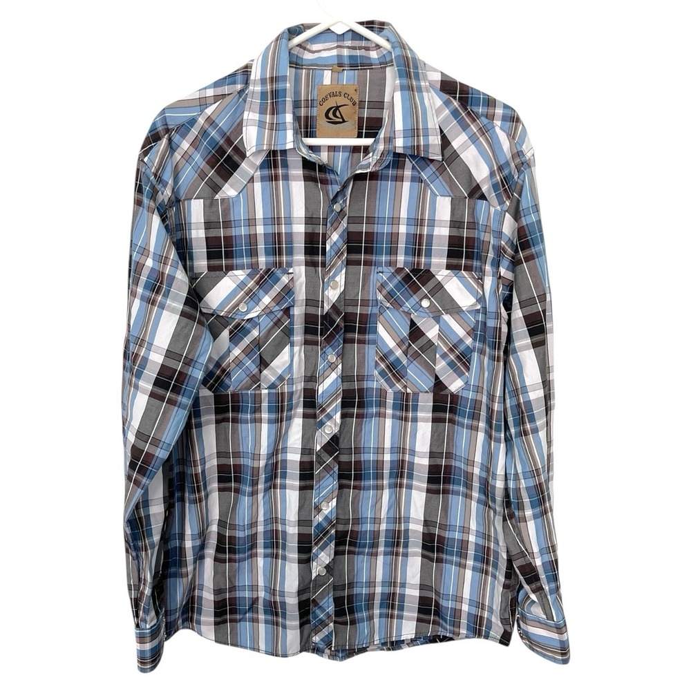 Coevals Club L Blue Plaid Western‎ Shirt Pearl Snap Long Sleeve Cowboy Americana